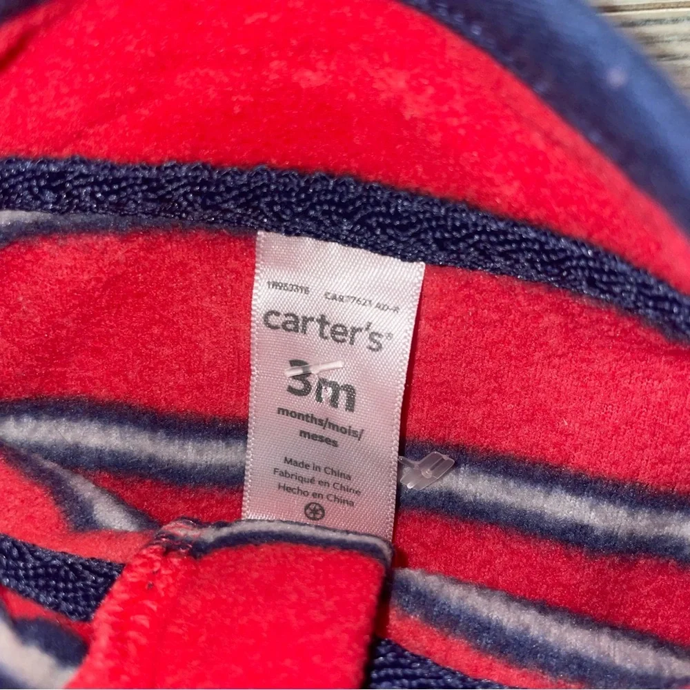 Carter’s Baby Boys 1PC Fleece Romper 3M Red & Gray Striped Quarter Zip
